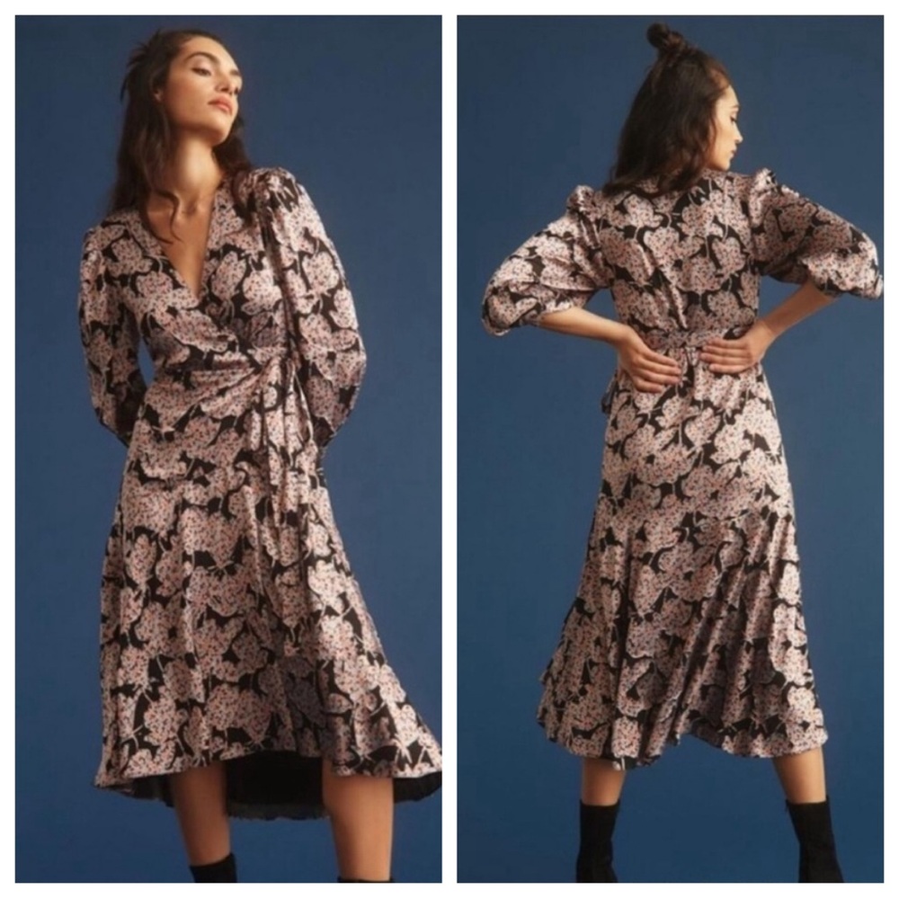 ANTHROPOLOGIE Caballero Pink & Black Motif Floral Wrap Long Sleeve Dress Large